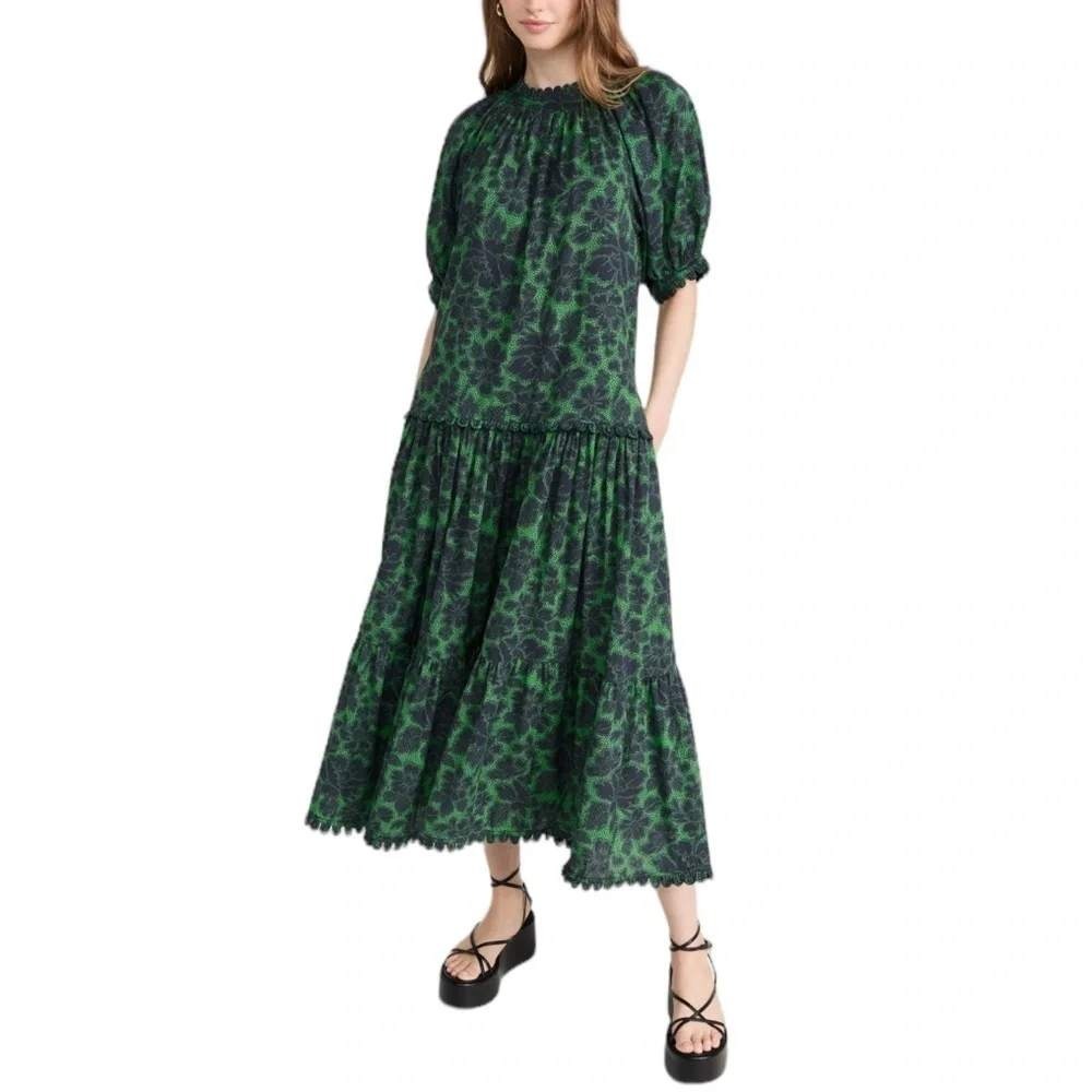 RHODE Aderyn Cotton Linen Tiered Maxi Dress Emerald Savoy Lace Green Black Large